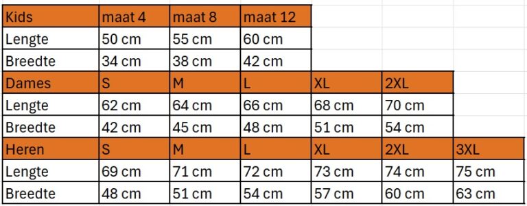 Maattabel BICR Sportshirts 2026